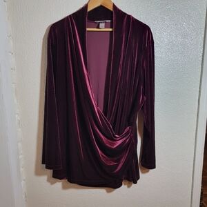 CJ Banks Velvet Faux Wrap Blouse sz 3X Wine Burgundy